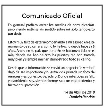 El comunicado que Daniela Rendón,