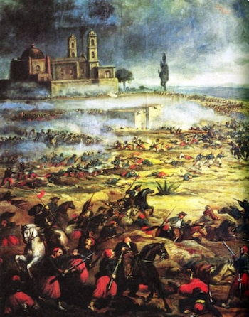 Durante horas el ejército francés trató de pasar por el Cerro de Guadalupe (Pintura Batalla de Puebla, 5 de mayo 1862. Autor anónimo, s XIX. Fuente: INEHRM)