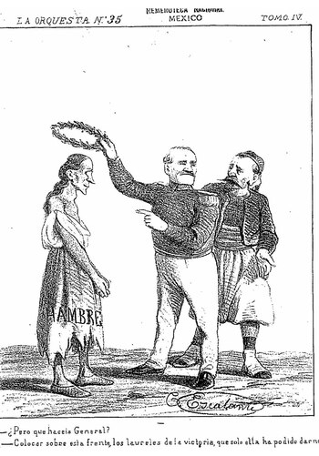 El general francés Forey corona al “hambre”, la que les dio el triunfo en México (Caricatura del periódico La Orquesta)