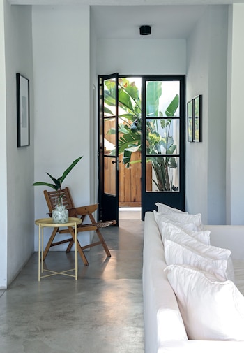 El verde de las plantas atraviesa la puerta de entrada de hierro y vidrio.