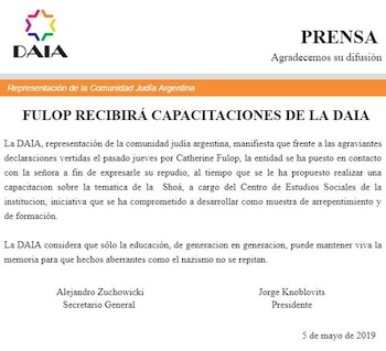 El comunicado de la DAIA