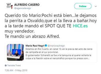 Casero citó un tuit de Mario Negri