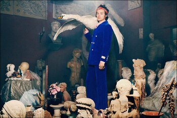 Con un cisne de peluche