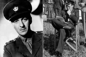 El británico David Niven como soldado y durante una pausa de la filmación de “Los cañones de Navarone”
