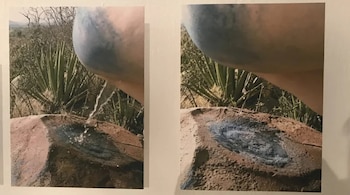El obra fotográfica mostró cuando Mercedes interactuó con la piedra milenaria tallada por ancestros pintando y realizando un grabado corporal Foto: Facebook