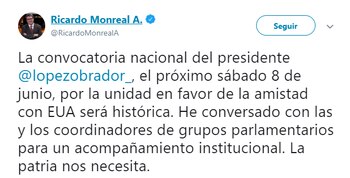 El senador de Morena, Ricardo Monreal, dijo que la reunión sería histórica (Foto: Twitter)