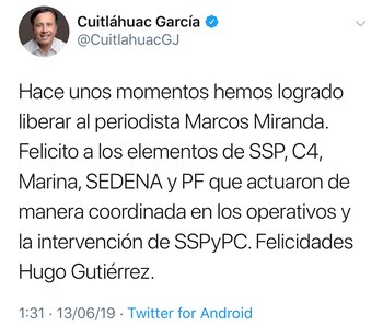 El gobernador de Veracruz informó en redes sociales sobre el rescate del periodista Marcos García (Foto: Twitter)