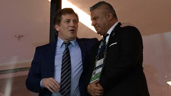 Domínguez y Tapia, juntos en la Copa América, en la previa del cruce entre Argentina y Colombia (Foto: Juan MABROMATA / AFP)