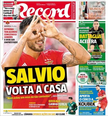 “Salvio vuelve a casa”, la frase que utilizó Record para anunciar el desembarco del futbolista argentino a Boca