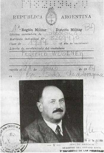 El documento de Eduard Roschmann con el nombre con el que ingresó a Paraguay: Federico Wegener (Nazis en las sombras/Editorial Atlántida)