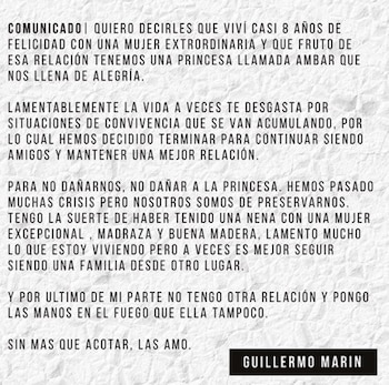 El mensaje de Guillermo Marín en su cuenta de Instagram
