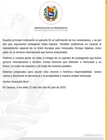 El comunicado que difundió Juan Guaidó sobre el diálogo en Barbados