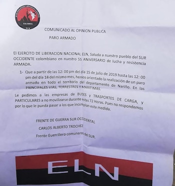 El panfleto del ELN (Twitter: