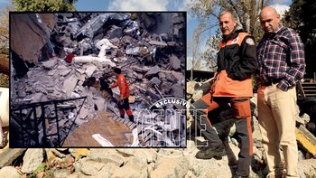 Juan Carlos Lombardi, hoy y ayer, sobre los escombros de la AMIA, con su perro Lupo. Y Alejandro Mirochnik, a quien rescataron. Foto: Matías Campaya/GENTE y Archivo Atlántida