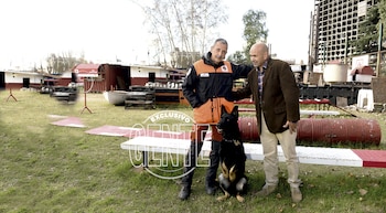 Juan Carlos Lombardi y Alejandro Mirochnik junto a Athos, un ovejero que entrena el primero en la Escuela Canina de Catástrofe, en Barracas. Foto: Matías Campaya/GENTE