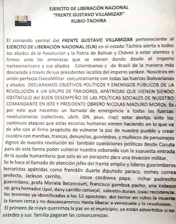 El panfleto del ELN donde