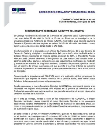 Mediante este comunicado, la Coneval