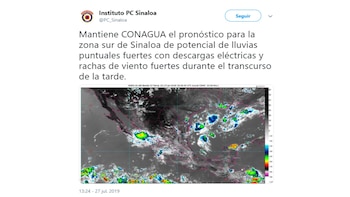 Protección Civil de la entidad informó en su cuenta de Twitter que las lluvias con descargas eléctricas se mantienen (Foto: Twitter Instituto de PC Sinaloa)