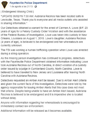 Las autoridades actualizaron la información del caso en un comunicado publicado en Facebook (Foto: Facebook/@Fayetteville Police Department)