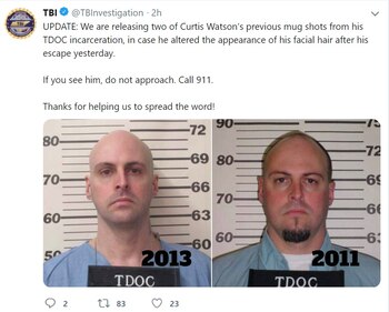 Ray Watson ya había sido encarcelado anteriormente por “abuso infantil agravado”. Las autoridades también compartieron sus fotos antiguas por si cambiara de aspecto durante su fuga (Foto: Twitter @TBI)