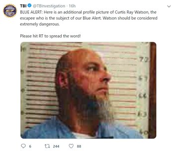“ALERTA AZUL: Aquí una imagen adicional del perfil de Curtis Ray Watson, el fugitivo que es el sujeto de nuestra alerta azul. Watson debería ser considerado extremadamente peligroso. Por favor, hagan retuit para difundir la información (Foto: Twitter @TBInvestigation)
