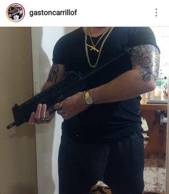 Durante los allanamientos se encontraron 14 armas de fuego de diferentes calibres. Su arma dorada es de aire comprimido.