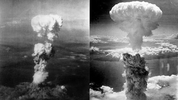 Nubes de hongo de humo sobre las ciudades de Hiroshima (izquierda) y Nagasaki (derecha) (George R. Caron/ Charles Levy)