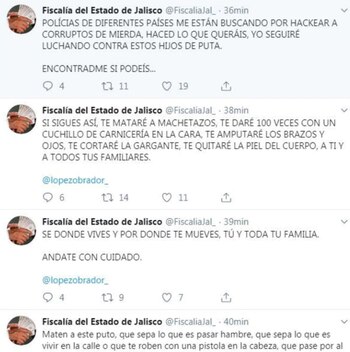 Así fueron los mensajes con los que el grupo de cibercriminales lanzaron amenazas contra el presidente de México (Foto: Captura de pantalla de Twitter)