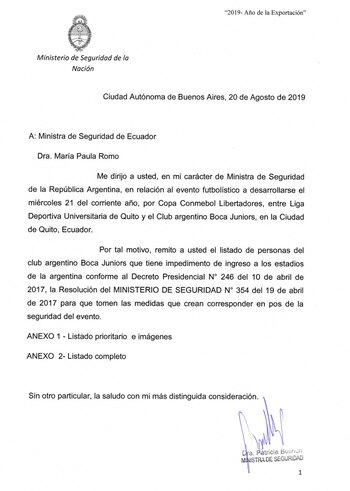 La carta que le envió el Ministerio de Seguridad a su par de Ecuador
