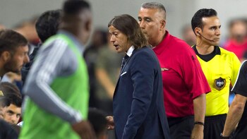 Un hombre de la seguridad del estadio escolta a Matías Almeyda para que se marche del campo de juego (Kelvin Kuo-USA TODAY Sports)