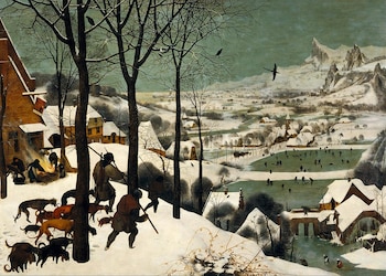 “Los cazadores en la nieve” (1565), de Pieter Brueghel el Viejo, en Museo de Historia del Arte, Viena, Austria. Óleo sobre madera: 1,17 m × 1,62 m