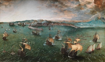 “Combate naval en el puerto de Nápoles” (1560) de Pieter Brueghel el Viejo, en Galería Doria-Pamphilij, Roma. Óleo sobre tabla: 41 × 70 cm