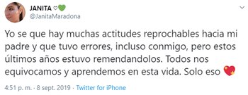 Jana Maradona defendió a su papá (Captura de Twitter)