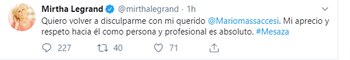 Las disculpas de Mirtha Legrand a Mario Massaccesi en Twitter