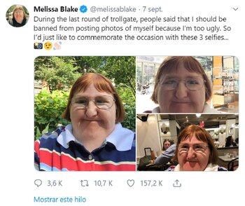 Un troll le dijo que debería tener prohibido sacarse selfies por fea, así que ella decidió honrar al acosador con tres selfies inéditos más (Foto: Twitter @MelissaBlake)