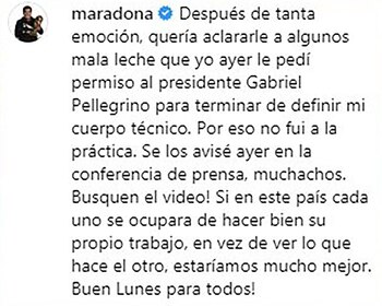 El mensaje que Maradona compartió en su cuenta de Instagram y luego eliminó