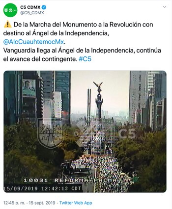 Así informaron las autoridades sobre la marcha la tarde de este domingo (Foto: Twitter @C5_CDMX)