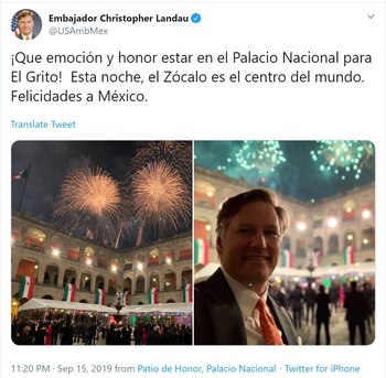 El Embajador de Estados Unidos en México Christopher Landau en el festejo de la Independencia (Foto: Twitter)