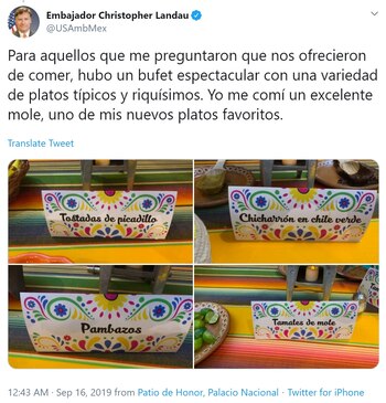 El embajador de Estados Unidos en México publicó en sus redes sociales el menú que se sirvió en la cena de Palacio Nacional (Foto: Twitter)