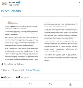 El comunicado de la institución