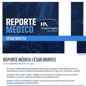 Así reportó el club el estado de salud del jugador (Foto: Captura de pantalla de Twitter)