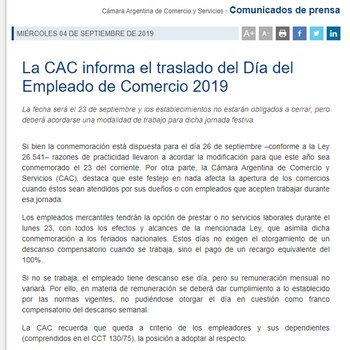 Comunicado de la Cámara Argentina